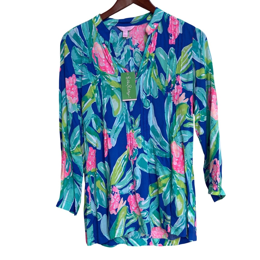 NWT Lilly Pulitzer Sarasota Tunic Ikat Blue Island Exotic Floral Print Small
